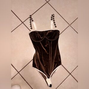 Ami muse Studio Brown Velvet One-Piece with Cream Trim and Beaded Accents